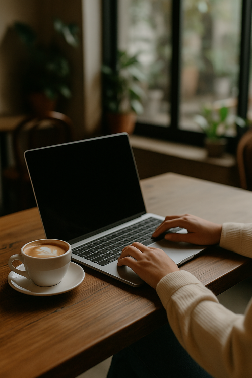 Photo d'ambiance avec un laptop et une tasse à café
