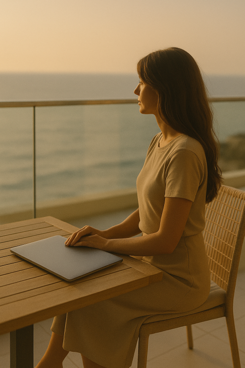 Photo d'ambiance de Naia, laptop fermé sur une terrasse assise les yeux vers l'horizon